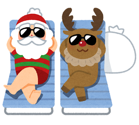ビーチでくつろぐサンタとトナカイのイラスト
