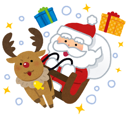 トナカイのソリに乗って走るサンタのイラスト
